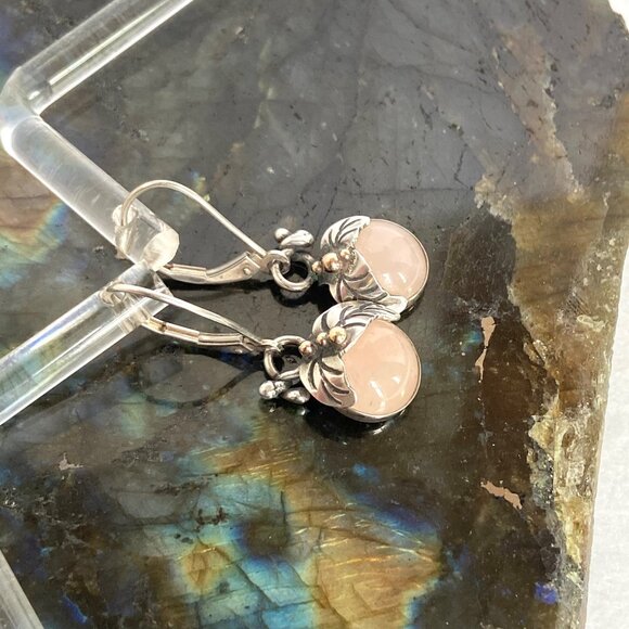 Sterling Silver 925 14K Yellow Gold Dainty Floral Rose Quartz Dangle Earrings - Picture 7 of 15